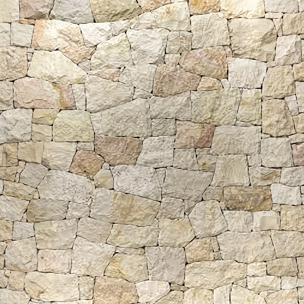 Rivestimento murale in pietra naturale irregolare, con blocchi di varie forme e dimensioni nelle tonalità del beige e crema, disposti a mosaico con superficie ruvida e materica.