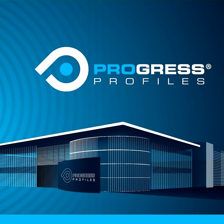 Logo di Progress Profiles con disegno di un edificio moderno su sfondo blu.