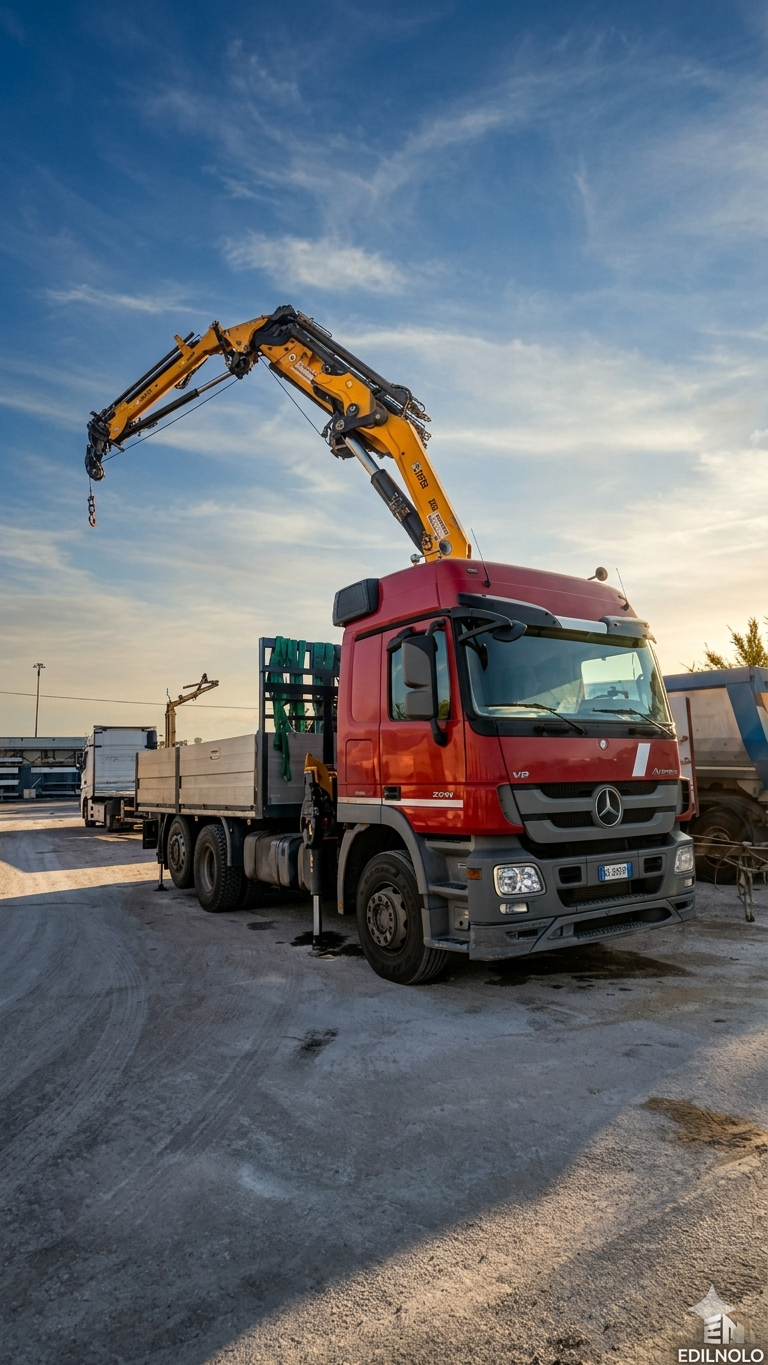 Camion rosso con gru idraulica gialla montata sul cassone, parcheggiato in un piazzale industriale all’aperto durante il tramonto, con altri mezzi da lavoro sullo sfondo e cielo parzialmente nuvoloso.