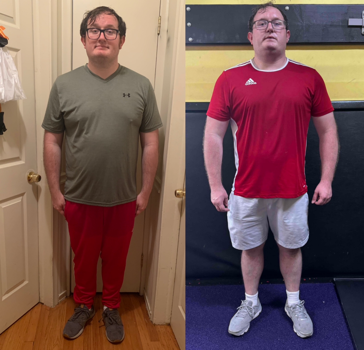 Side-by-side photos of a man, with significant weight loss. In the left photo, he is wearing a gray t-shirt and red pants, standing in a doorway. In the right photo, he is wearing a red sports shirt and beige shorts, standing against a gym wall.