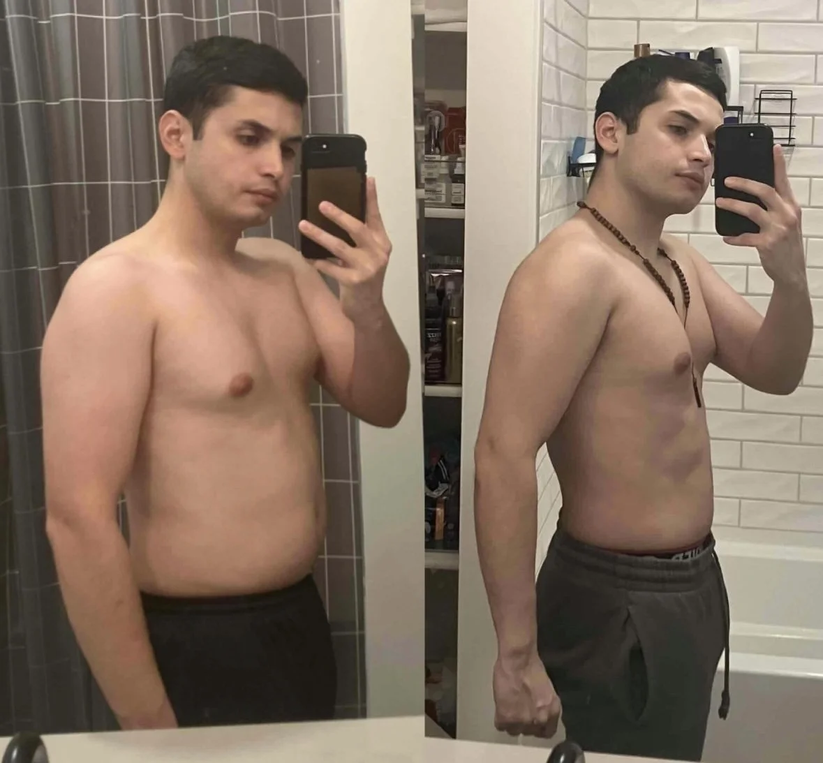 A side-by-side comparison of a shirtless man taking mirror selfies in a bathroom, showing his physical transformation from a softer physique to a more muscular, toned body.