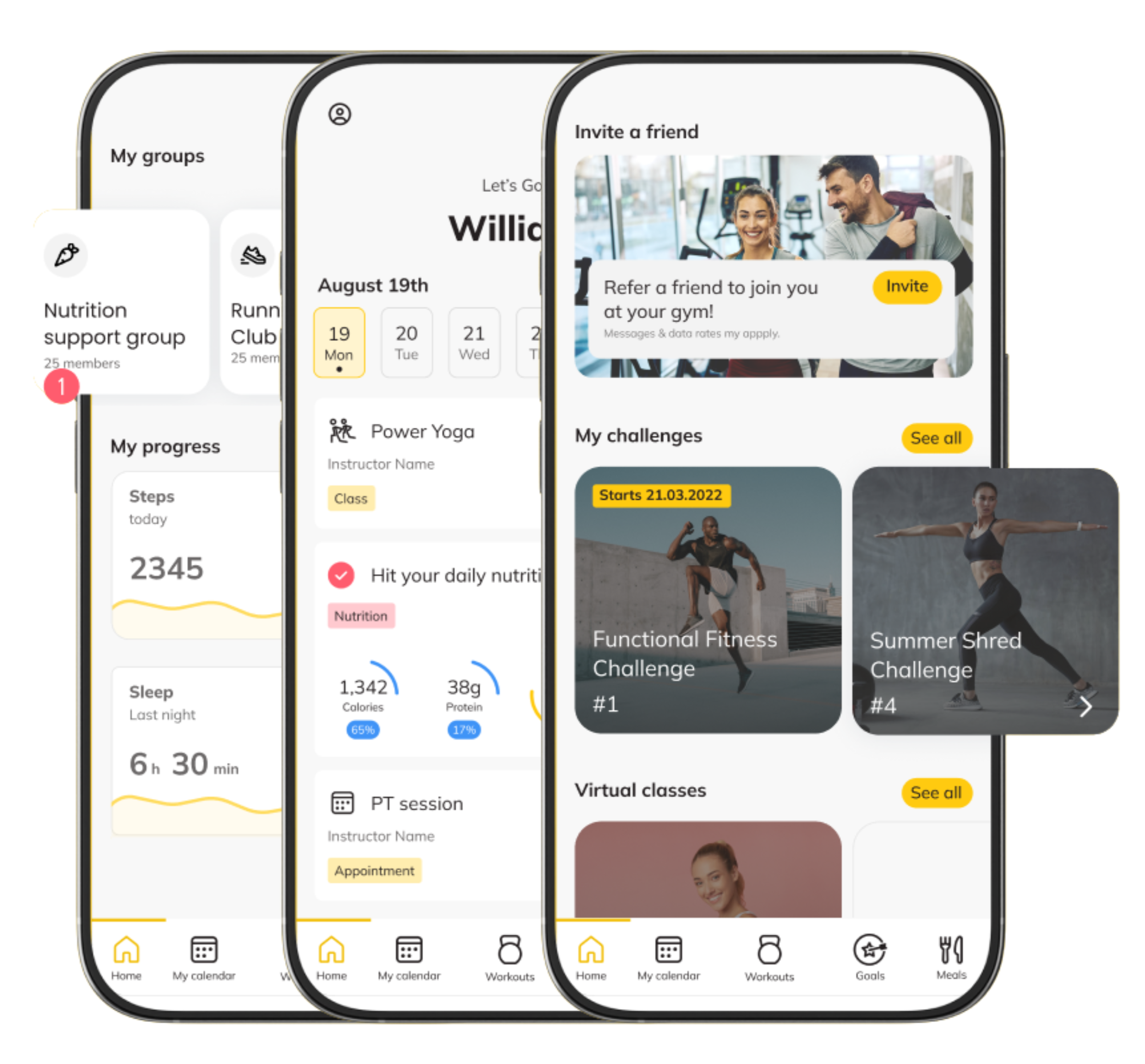 Mobile app interface with fitness and health features, displaying user groups, progress stats, scheduled workouts, challenges, virtual classes, and options to invite friends.