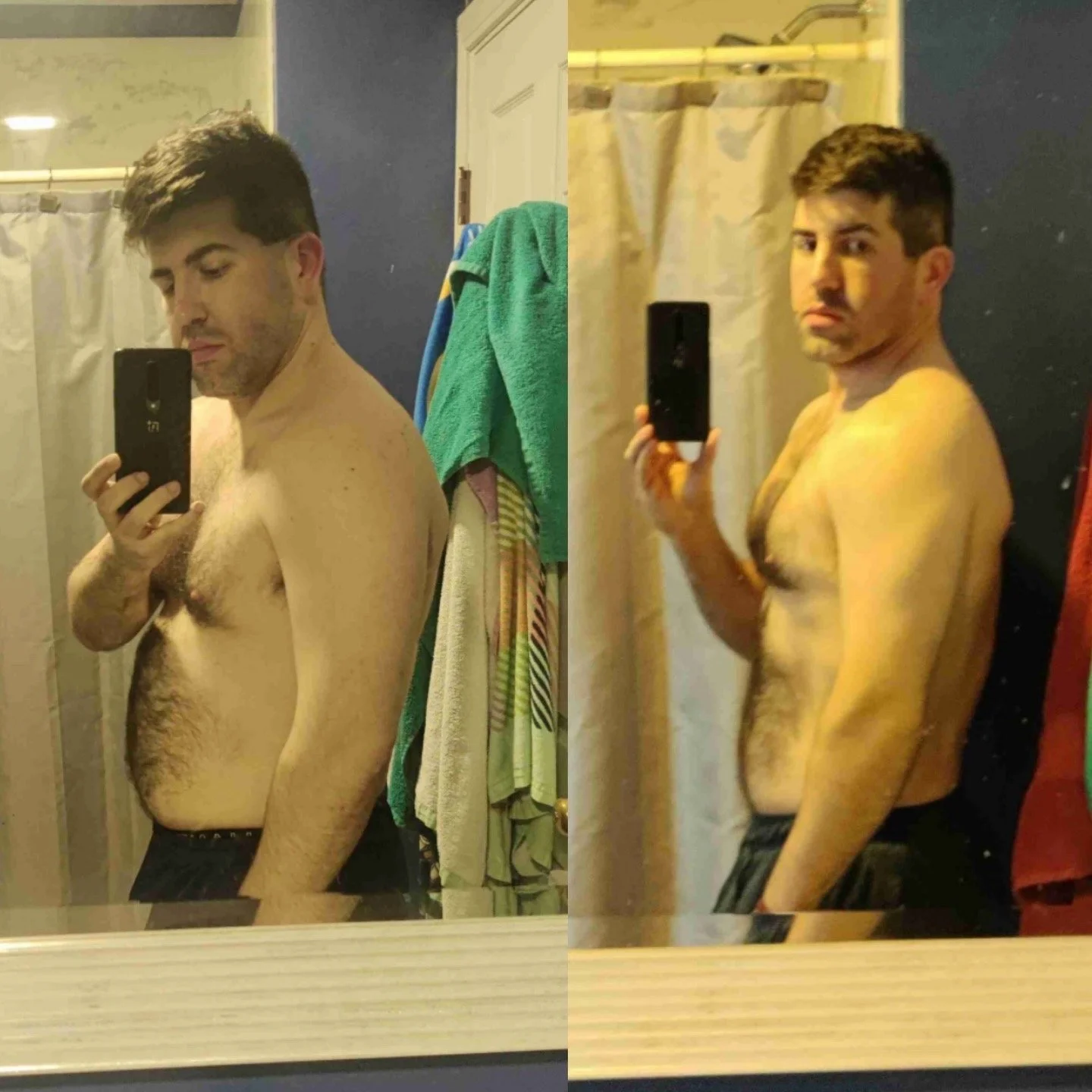 Side-by-side mirror selfies of a shirtless man with dark hair, taking photos with his phone in a bathroom. The left photo shows him with relaxed expression, with towels hanging in the background. The right photo shows him with a more serious expression, with a dark wall and shower curtain in the background.