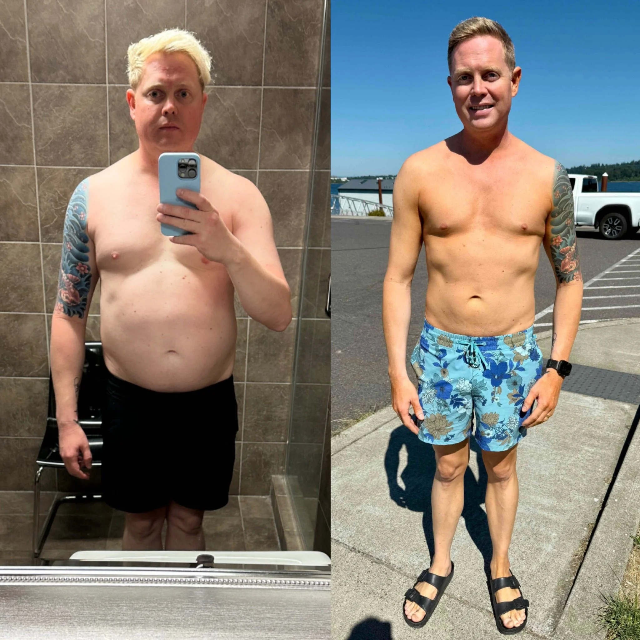 Side-by-side comparison of a man before and after weight loss and fitness transformation. In the "before" photo, he is standing shirtless in a bathroom mirror, with a larger belly, light blonde hair, and tattoos on his left arm. In the "after" photo, he is outside wearing shorts and sandals, with a leaner physique, short hair, and smiling.