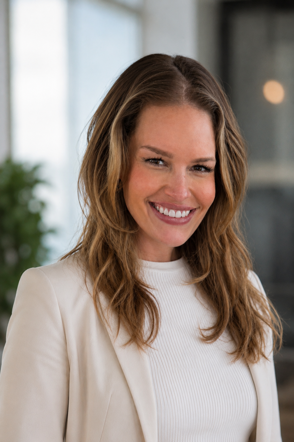A woman with long, wavy brown hair, smiling and wearing a beige blazer over a white top, standing indoors with a blurred background.