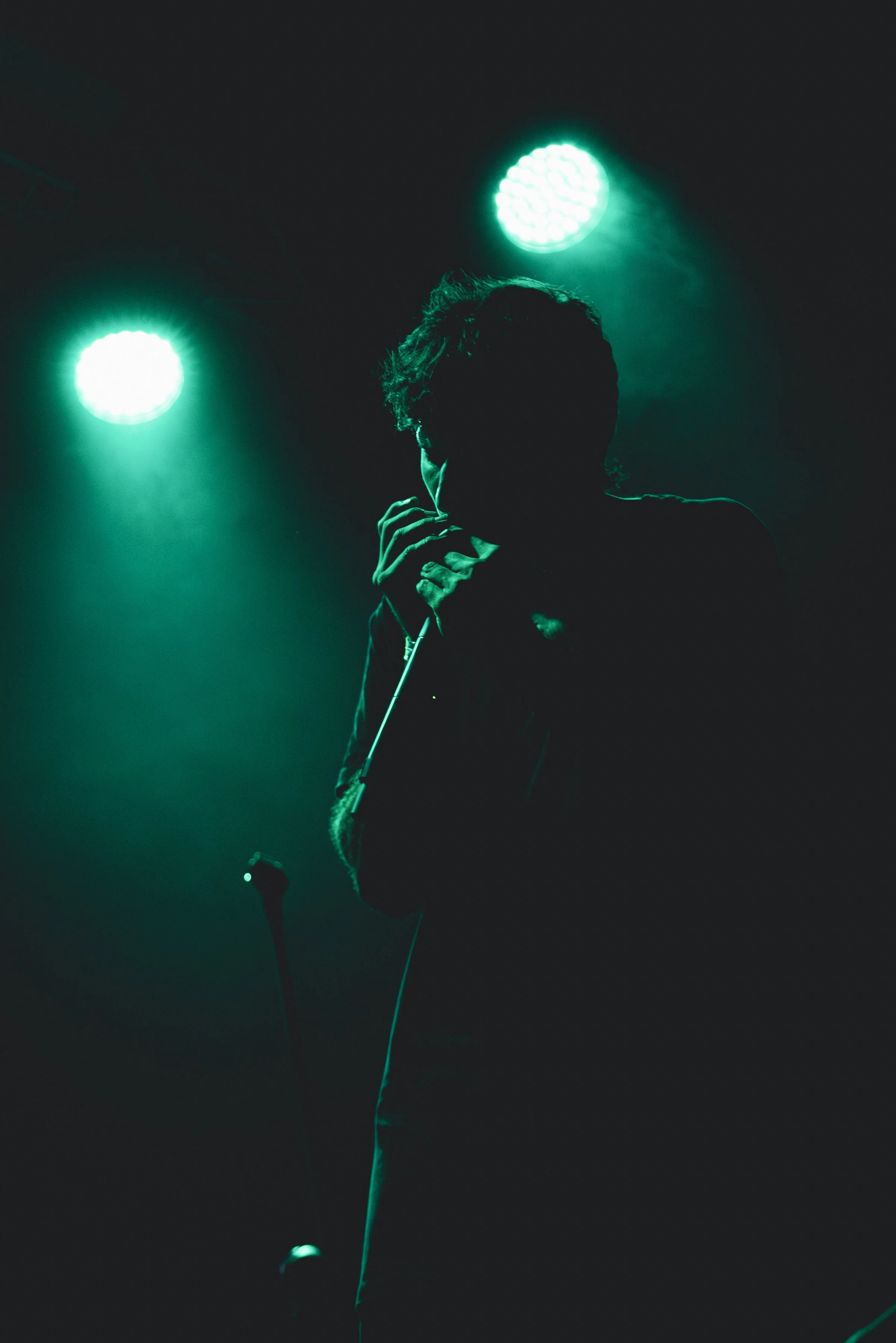 Silueta de un cantante con micrófono en mano, en un escenario con luces verdes y fondo oscuro.