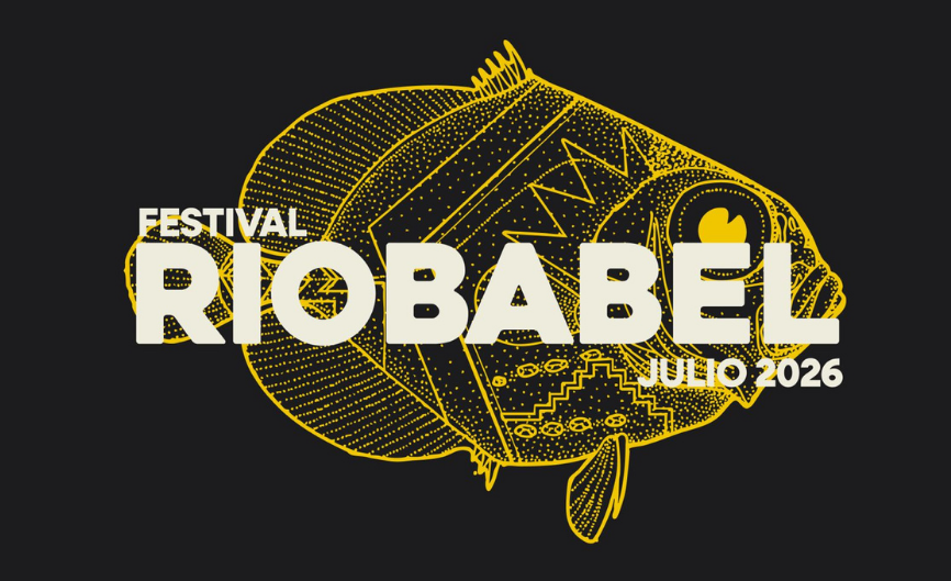 Logotipo del Festival Río Babel julio 2026 con dibujo de un pez en estilo digital en amarillo y negro.
