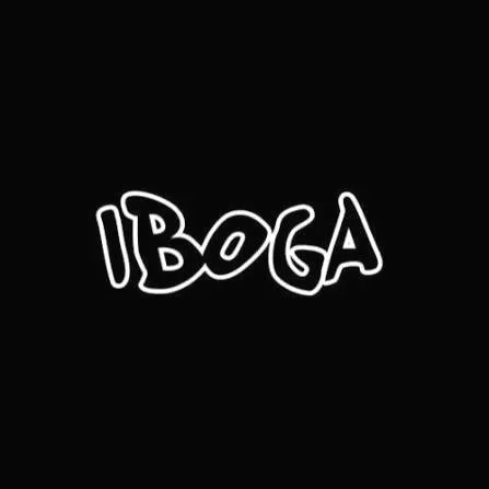 Texto que dice 'IBOGA' en letra blanca en fondo negro