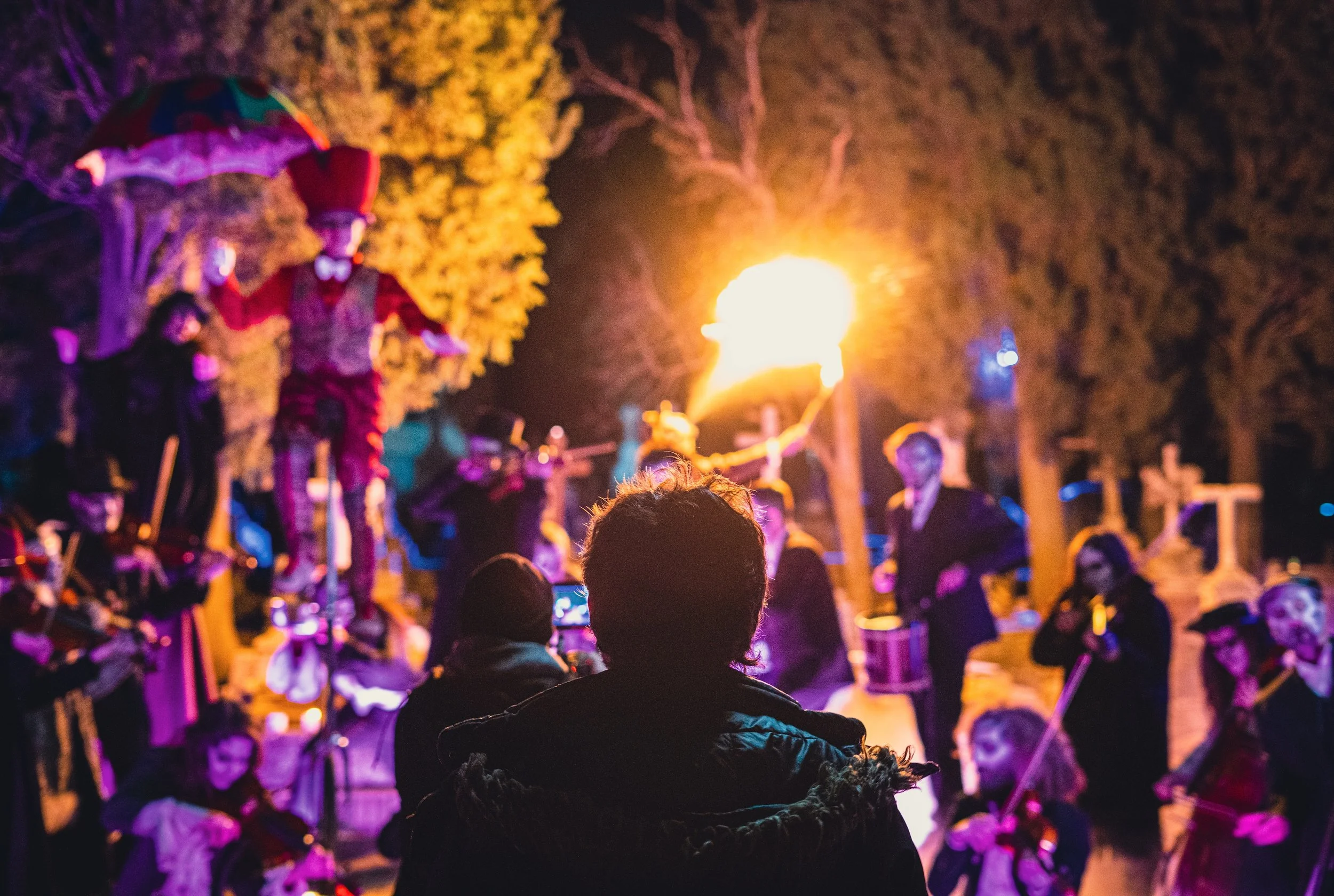 Personas observando una celebración nocturna con fuego y música, en un entorno con árboles iluminados.