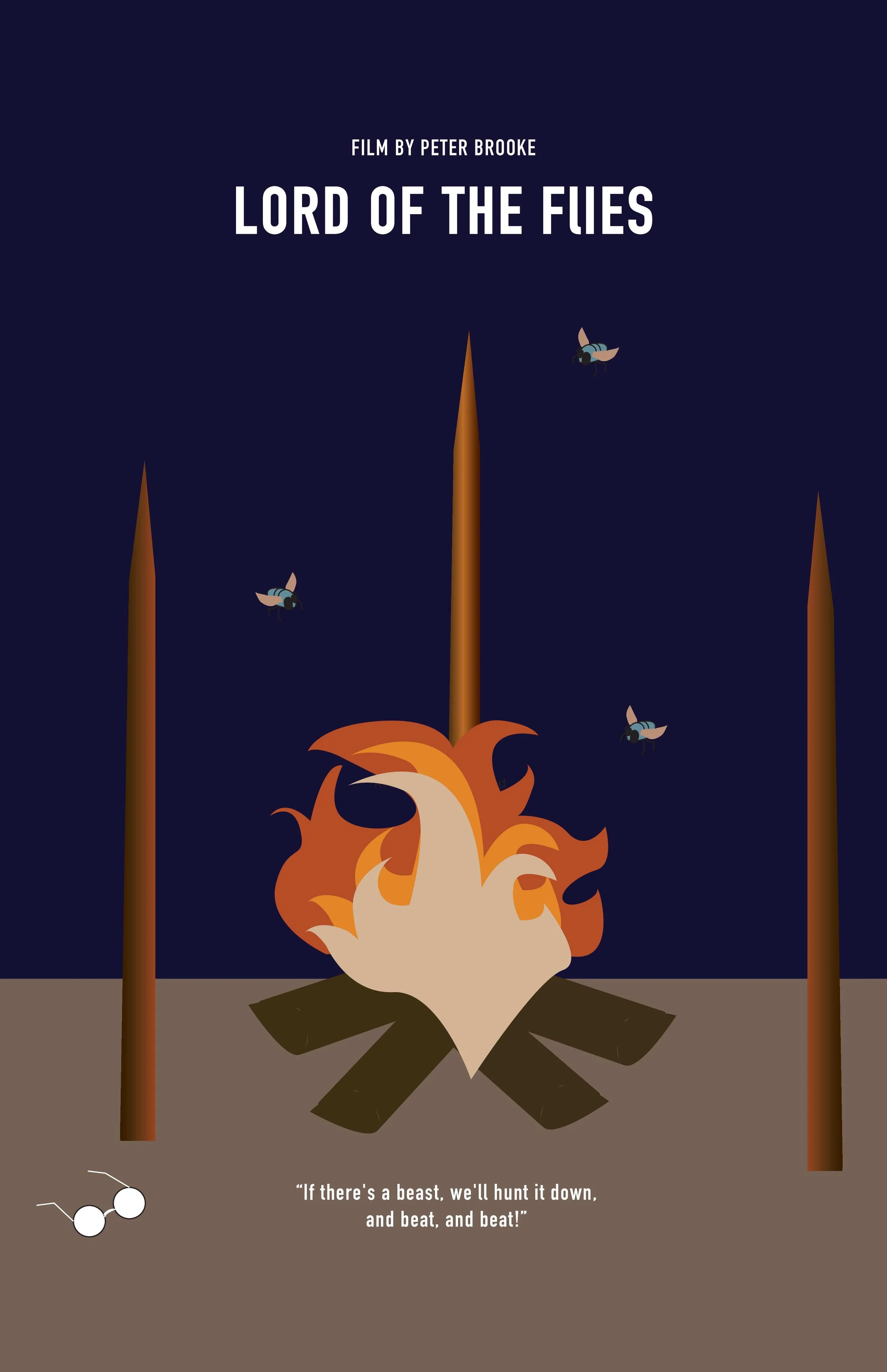 A fire with flies surrounding it and poles. A pair of glasses is on the ground