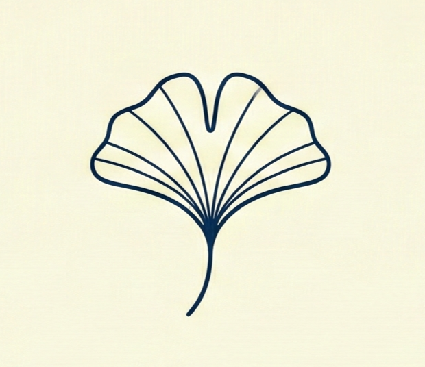A minimalist line drawing of a ginkgo leaf with a light background.