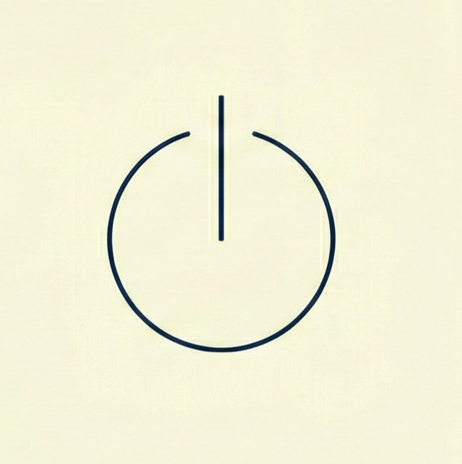 Close-up of a white wall switch or power button with a black circular outline and a vertical black line at the top center.