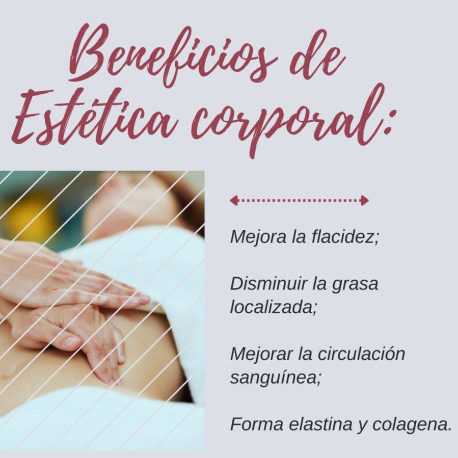 Cartel que habla sobre beneficios de la estética corporal, con una imagen de una persona recibiendo una terapia de masaje en el abdomen.
