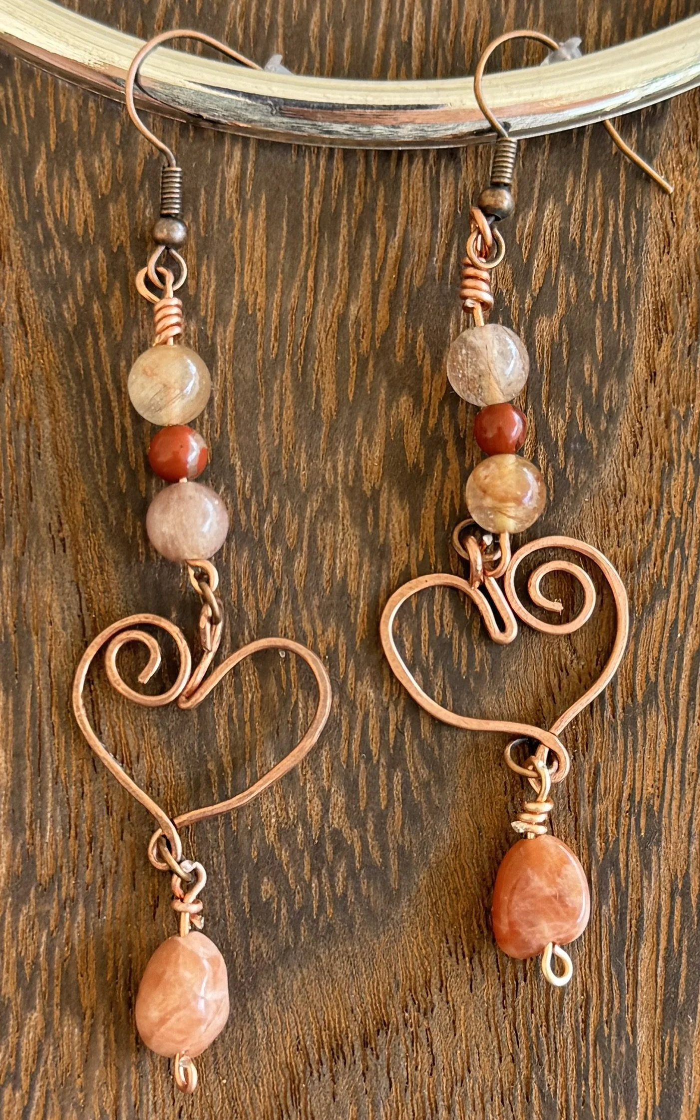 Copper heart earrings with carnelian and peach moonstone beads