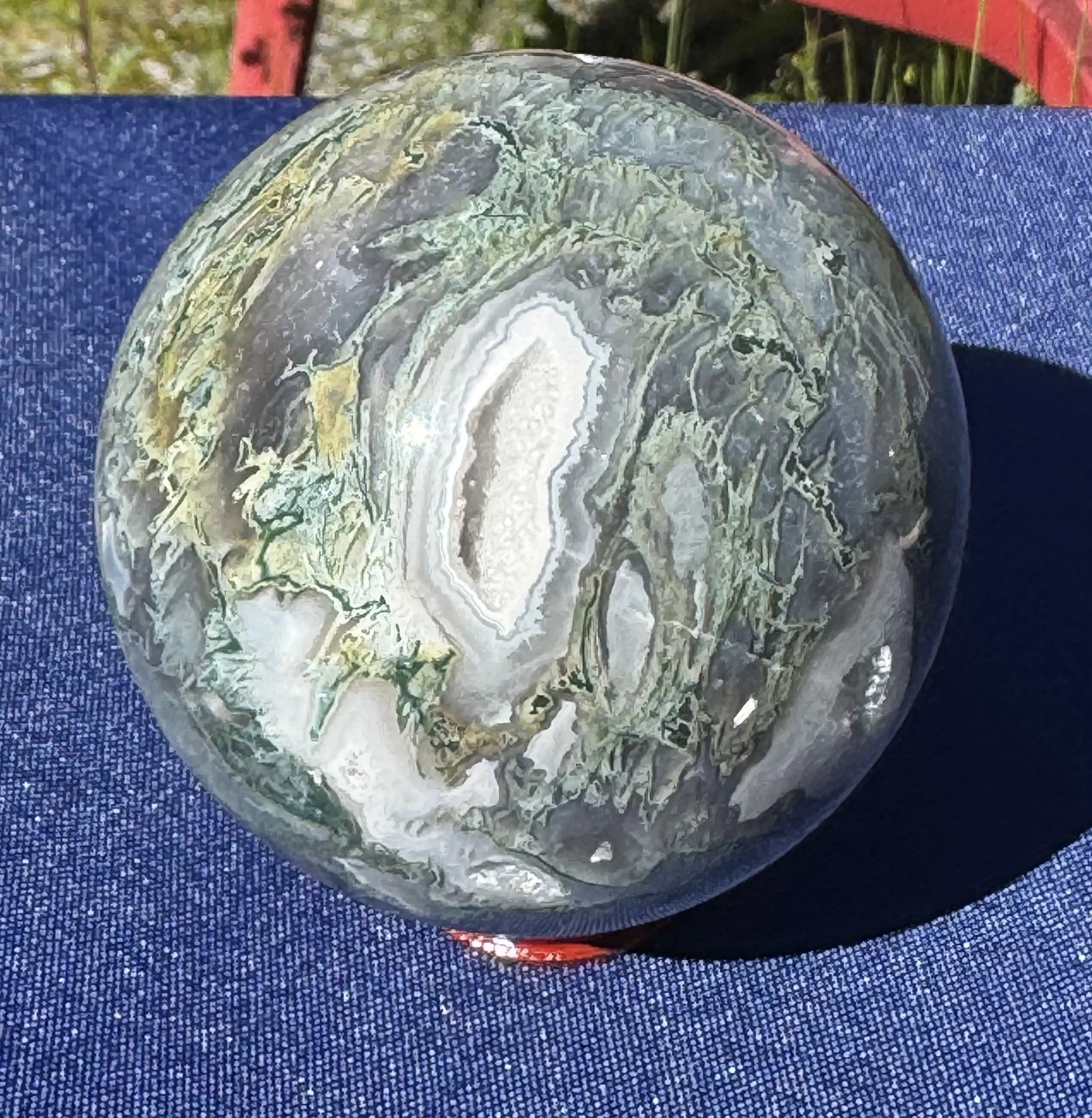 Moss Agate Sphere with druzy pockets