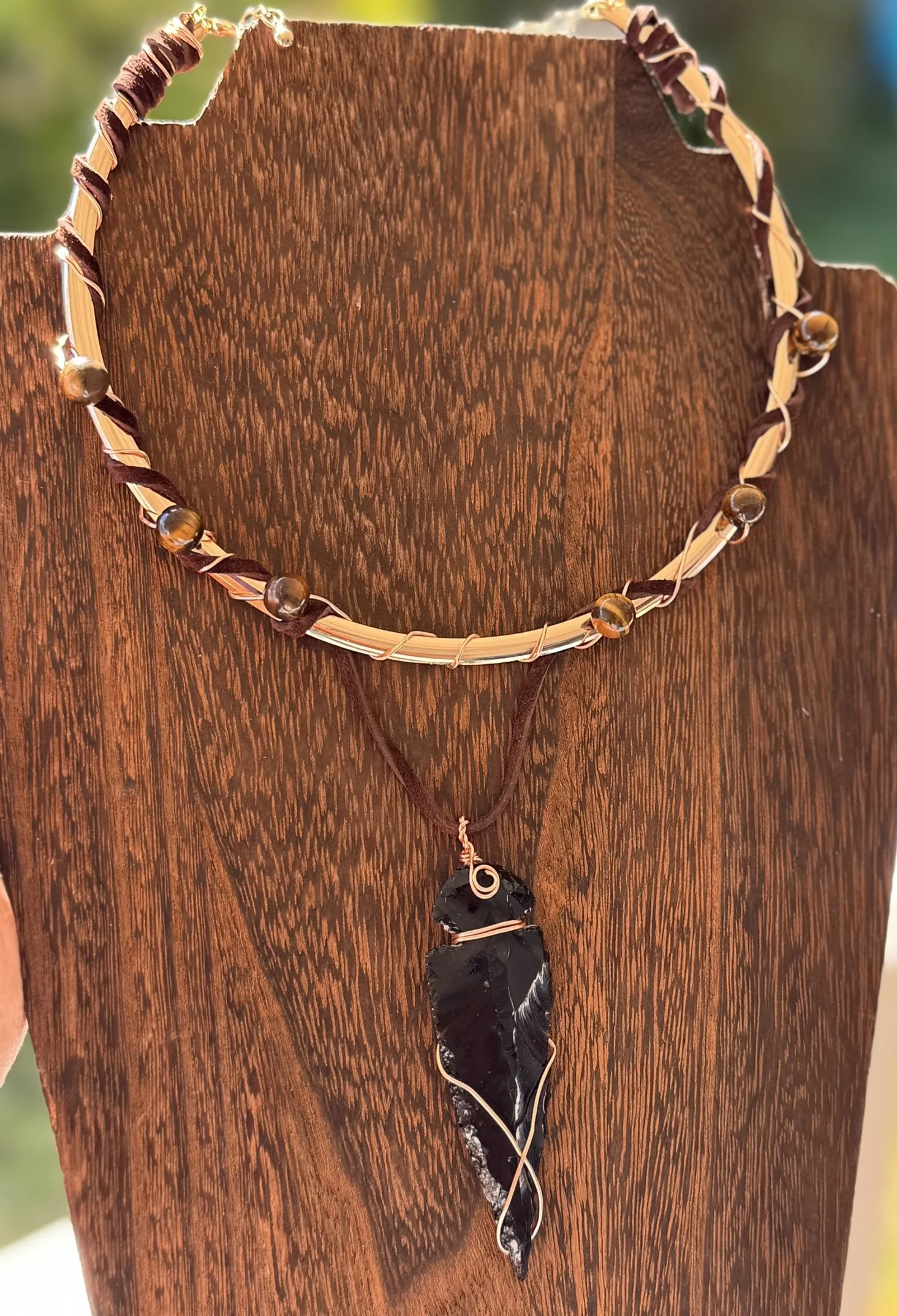 Gold plated Torc necklace with obsidian arrowhead