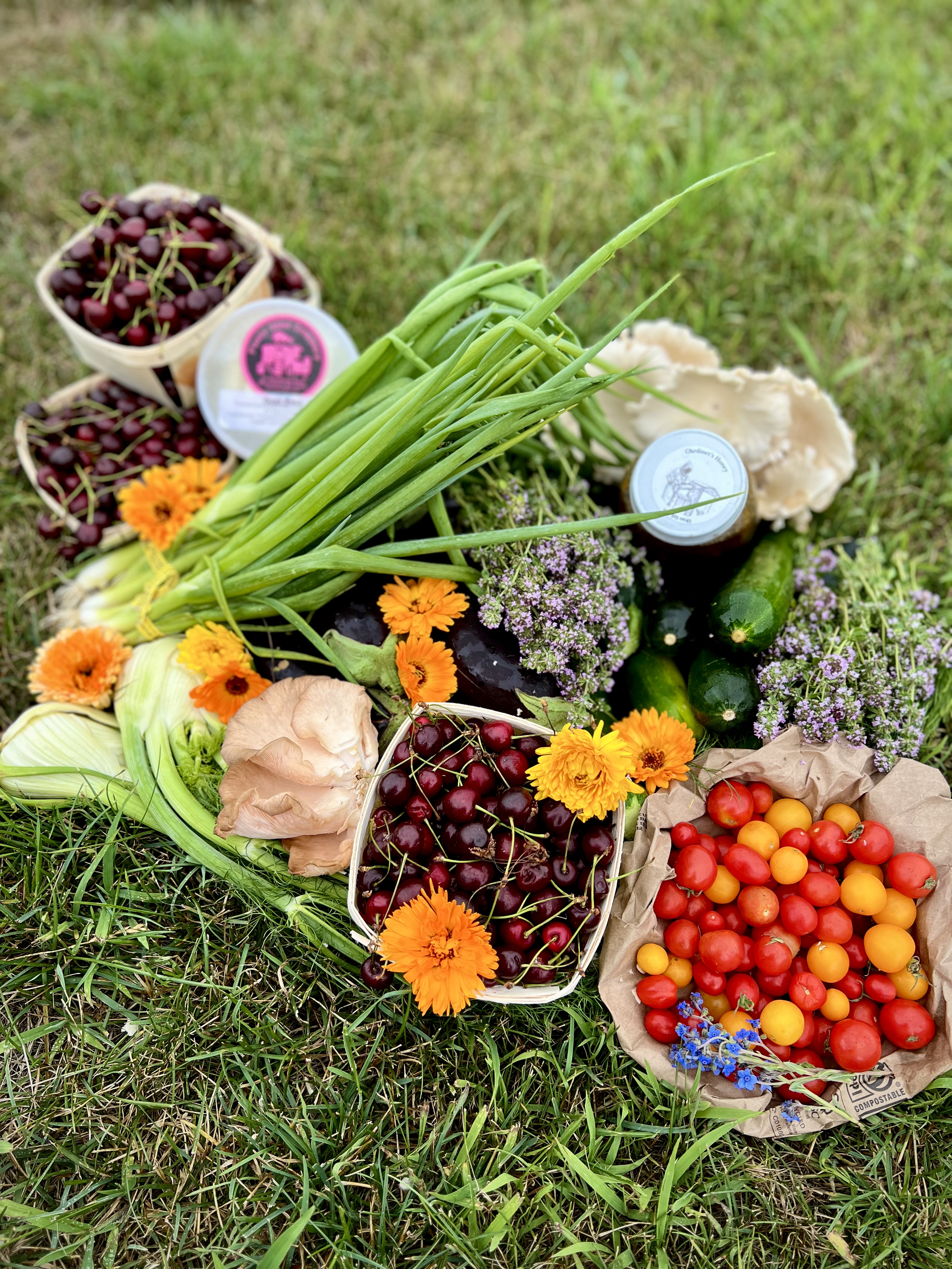 Assorted fresh fruits, vegetables, flowers, and jars of preserves arranged on grass, including cherries, tomatoes, cucumbers, onions, garlic, marigold and purple flowers, and jars of jam.