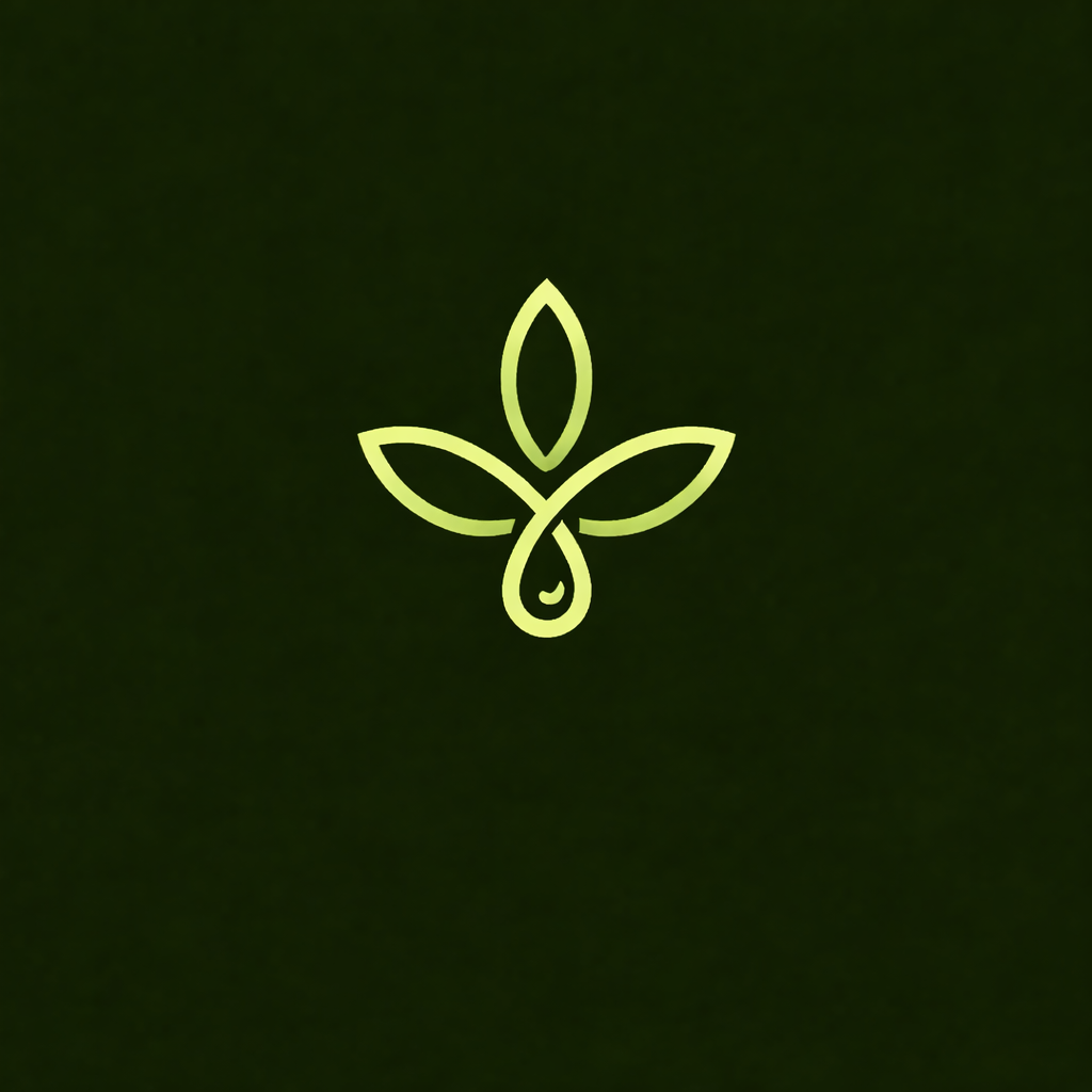 A simple, glowing green line drawing of a leaf with a water droplet at its tip, set against a dark background.