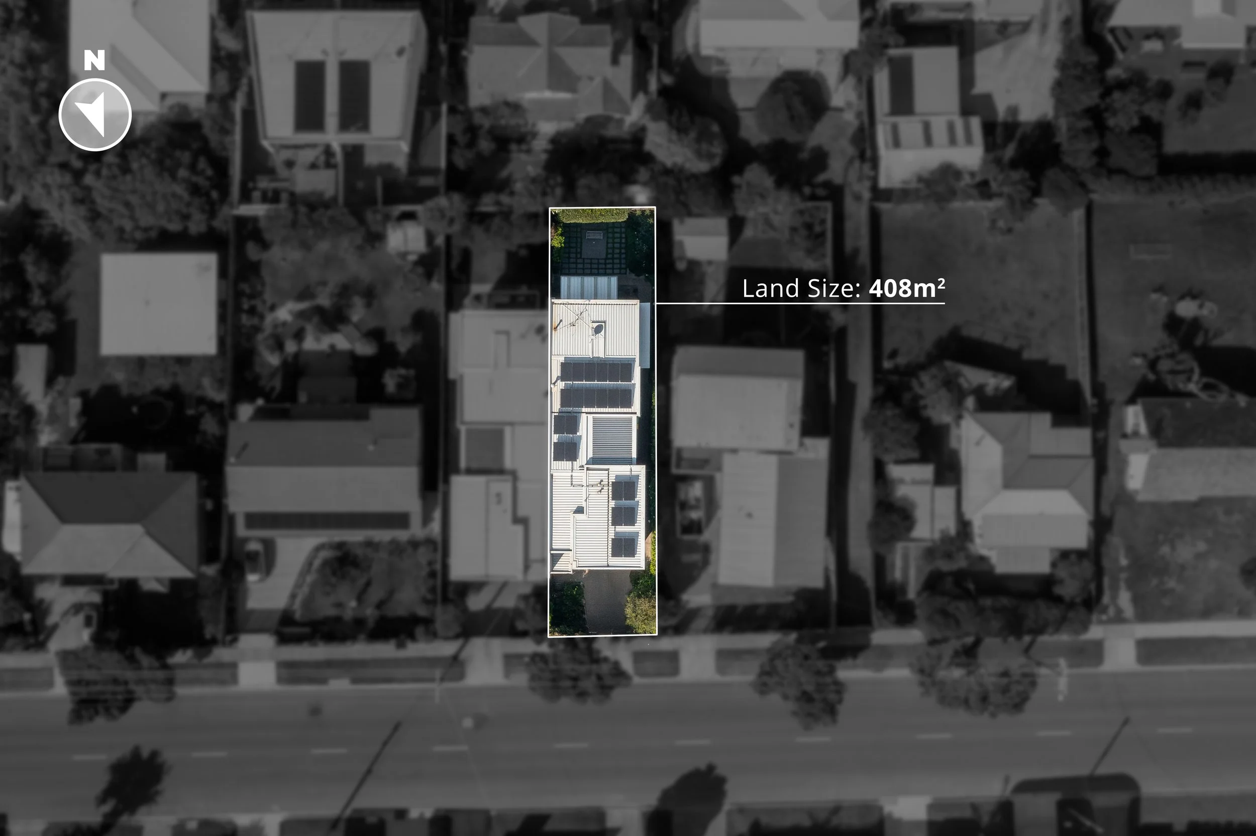Aerial view of a residential neighborhood with multiple houses and trees. A highlighted property with solar panels on the roof and a backyard is shown, measuring 408 square meters.