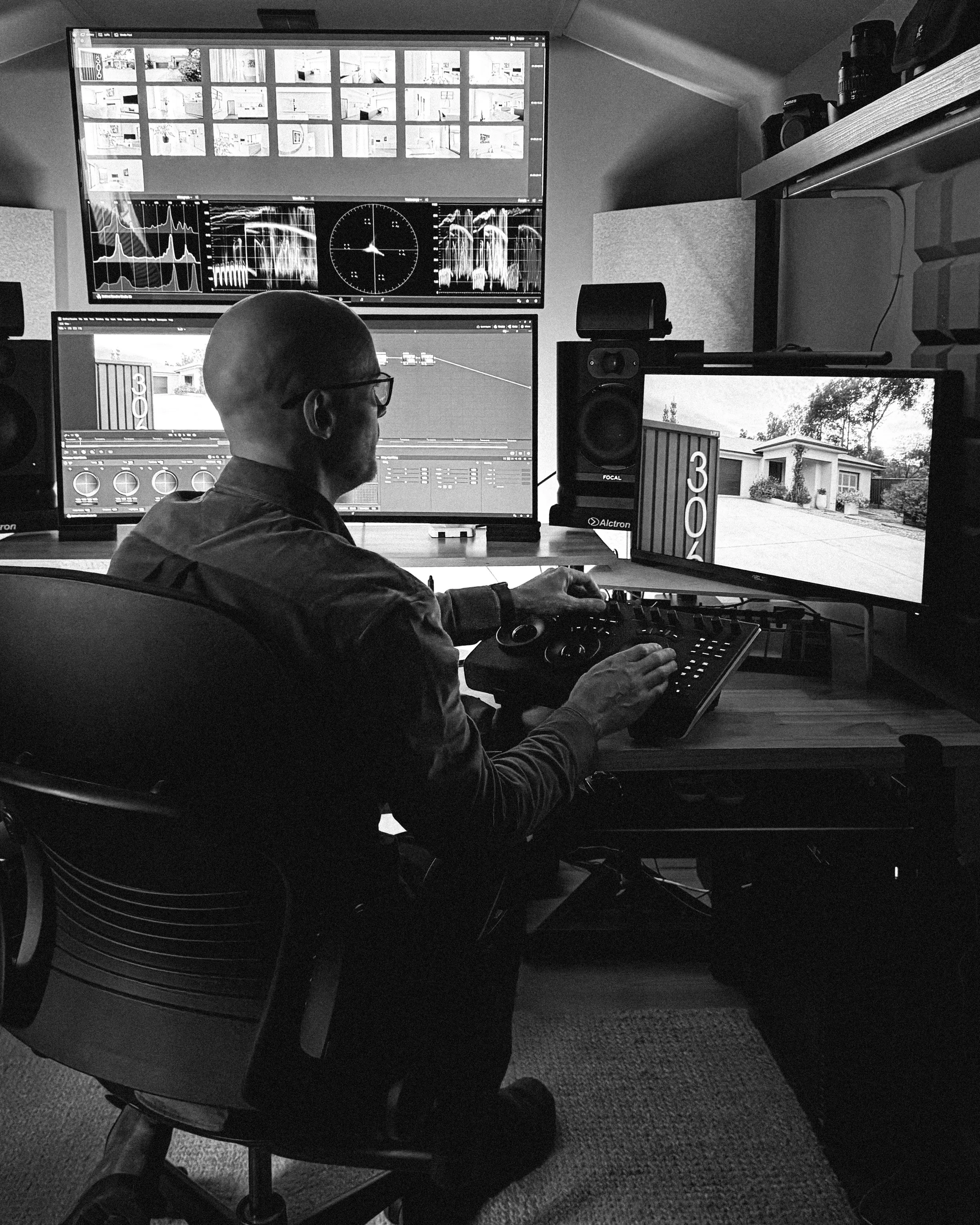 A person with glasses sitting at a desk working on video editing or color grading using multiple monitors displaying image sequences, color waves, and editing software, in a room with audio speakers and a computer tower.