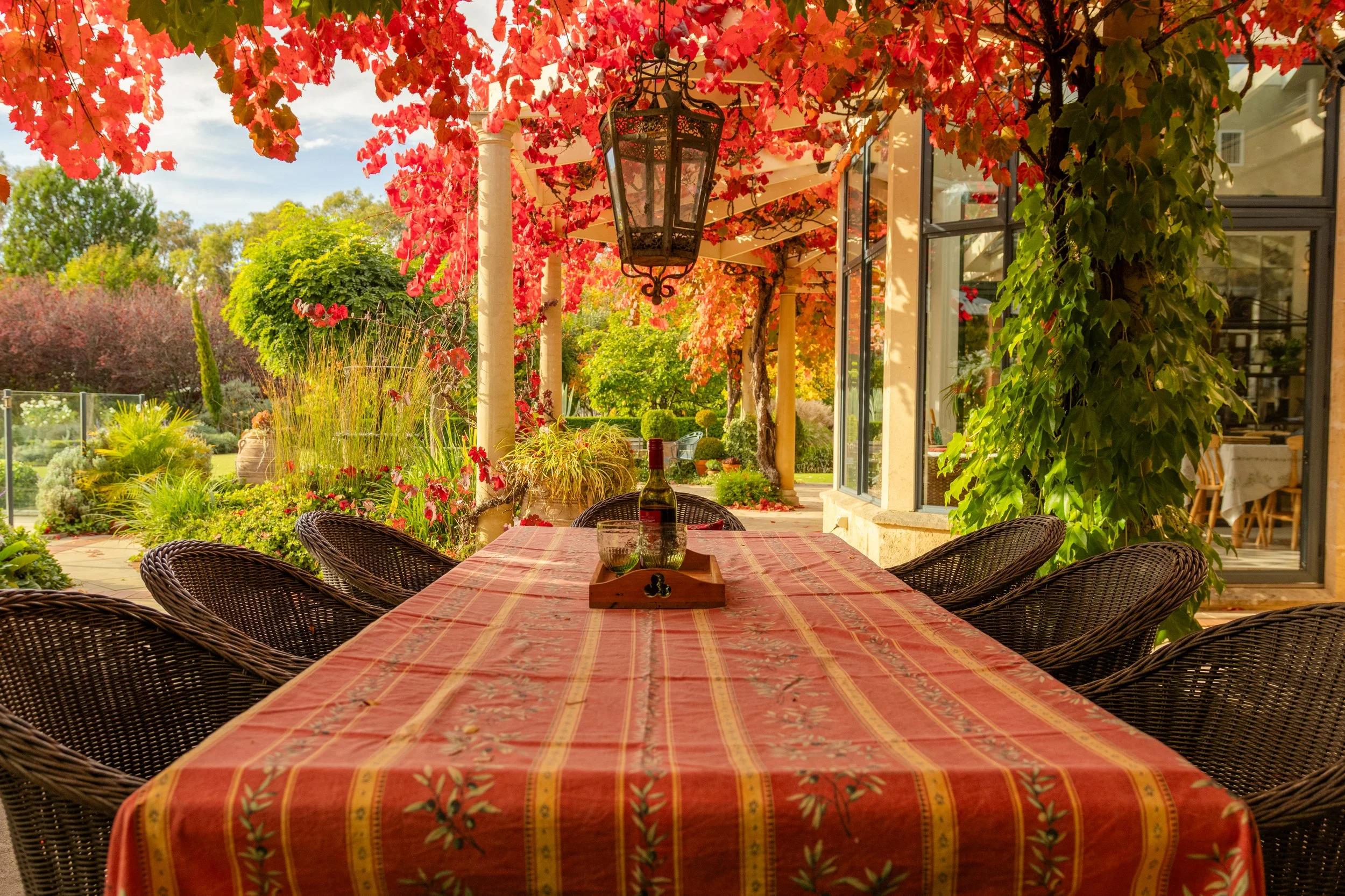 An outdoor patio with a woven wicker table and chairs, a red and orange checkered tablecloth, a bottle of wine, and a tray with glasses. The patio is covered with a pergola draped in red and green leaves, with a black decorative lantern hanging from 