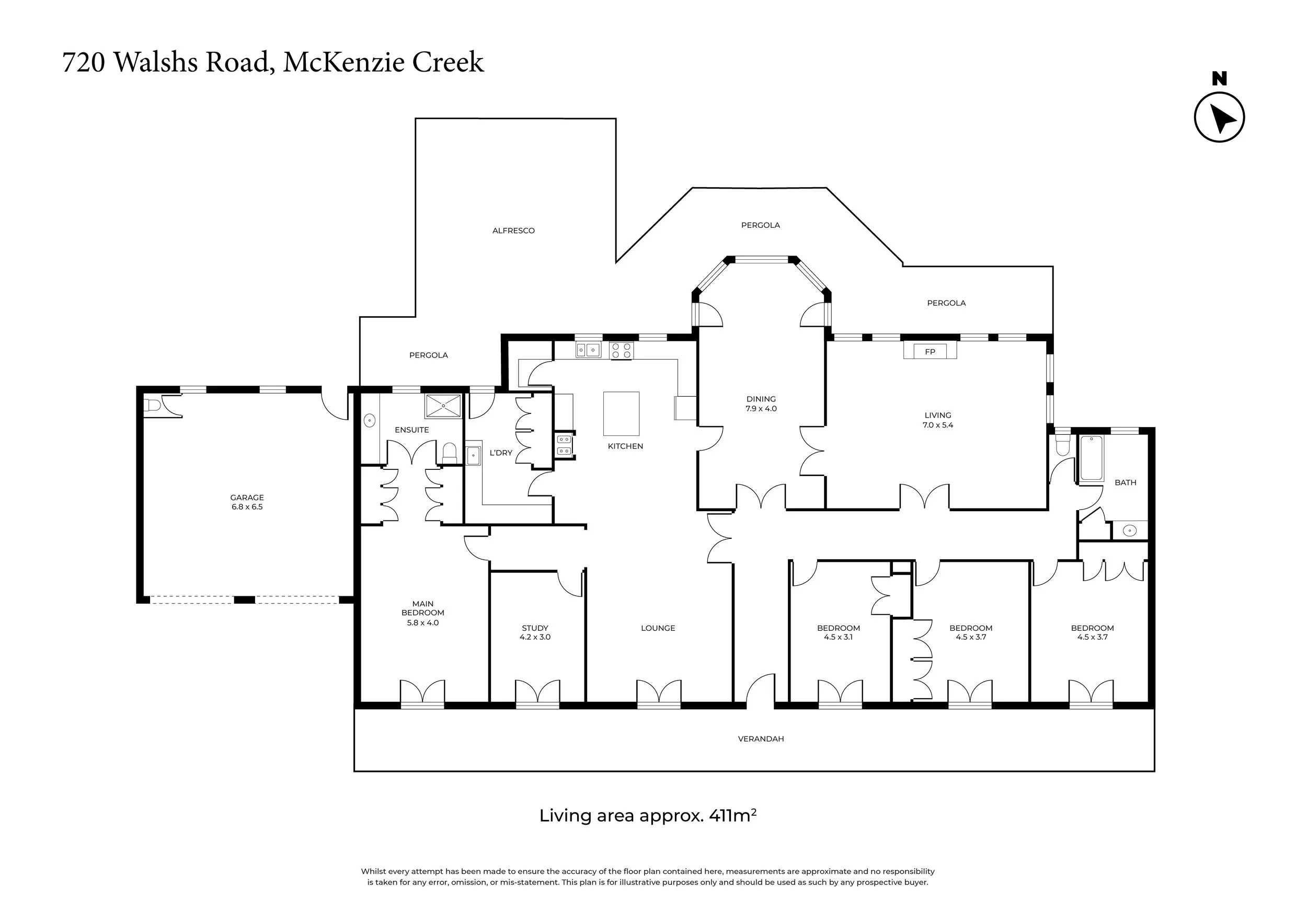 Floor plan of a house showing various rooms such as living room, bedrooms, bathrooms, kitchen, laundry, garage, and outdoor areas including verandah and pergolas.