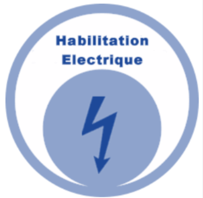 Logo avec texte 'Habilitation Electrique' et symbole d'un éclair dans un cercle bleu.
