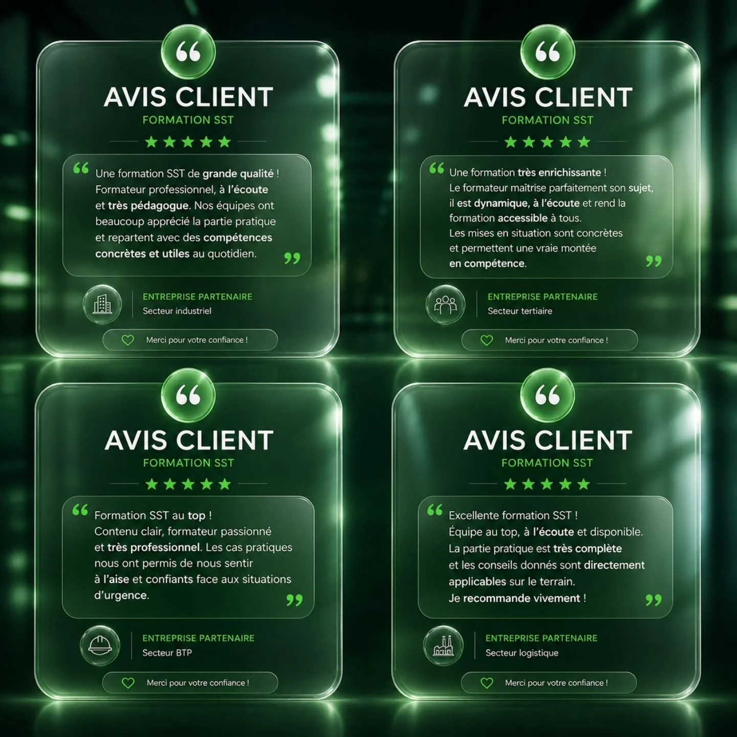✨&nbsp;Votre satisfaction, notre plus belle r&eacute;ussite !&nbsp;✨

Merci &agrave; tous nos clients pour leurs retours 
Vos avis sur nos formations SST nous motivent chaque jour &agrave; aller encore plus loin 

👨&zwj;🏫 Formateurs passionn&eacute