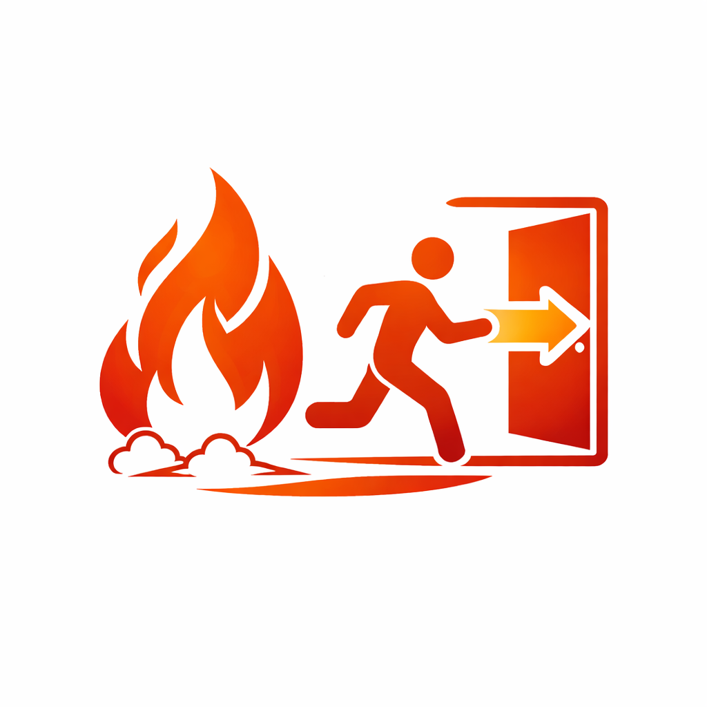 Un symbole d'évacuation d'urgence avec une personne courant vers une sortie en direction de la droite, à côté d'un incendie.