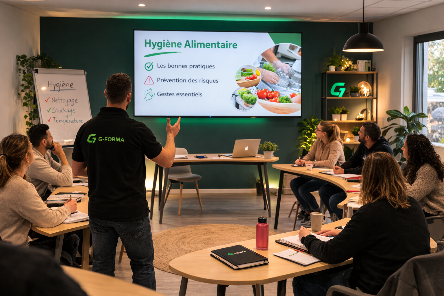 Une personne donnant une présentation dans une salle de formation sur l'hygiène alimentaire, avec un public attentif, un tableau blanc à gauche et un écran au centre montrant des conseils pour la sécurité alimentaire.