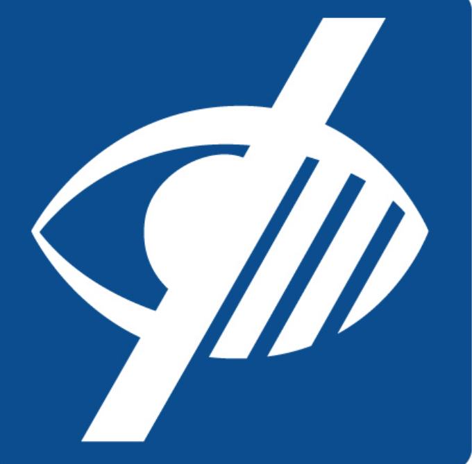 Logo représentant un œil stylisé avec des lignes horizontales et une forme ovale, sur fond bleu.