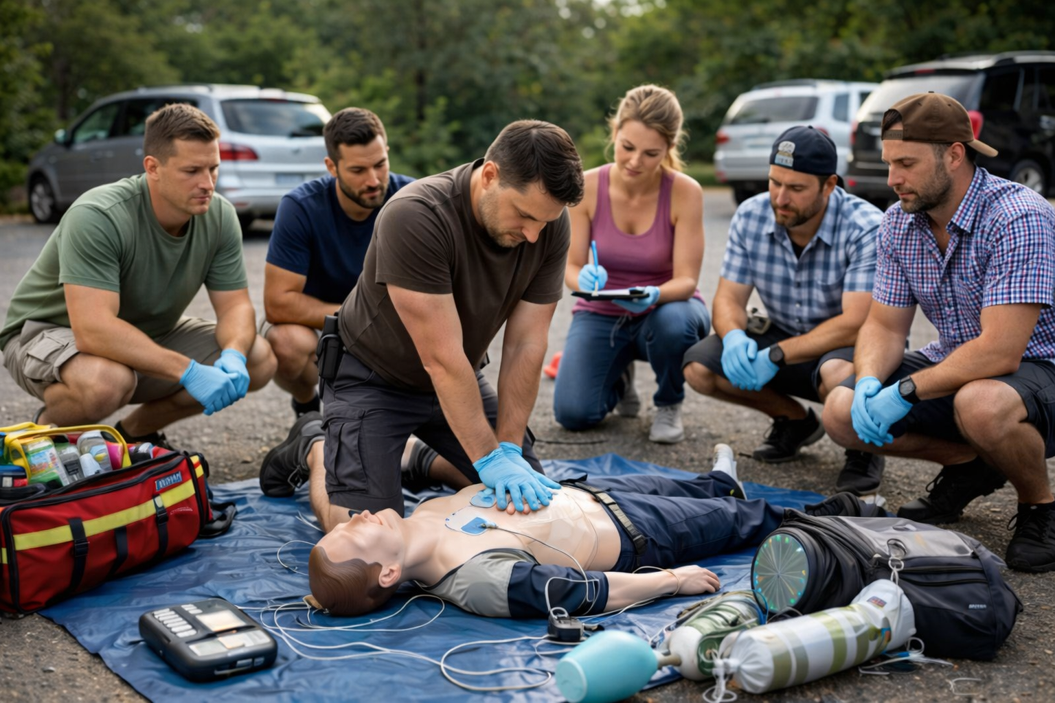 Une équipe de secouristes pratique une réanimation cardio-respiratoire sur un mannequin lors d'une formation de premiers secours en extérieur