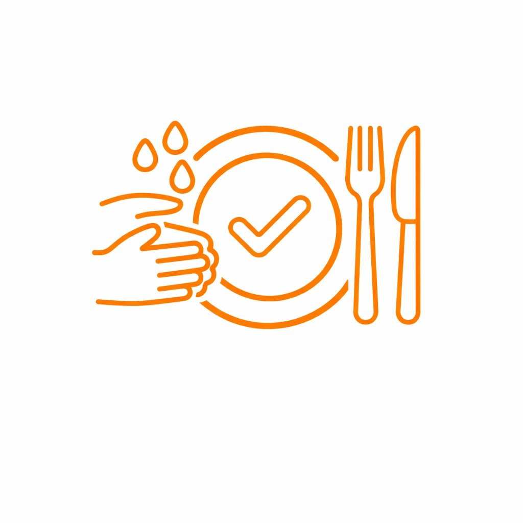 Icone orange représentant des mains se lavant, une assiette avec une coche, une fourchette et un couteau.