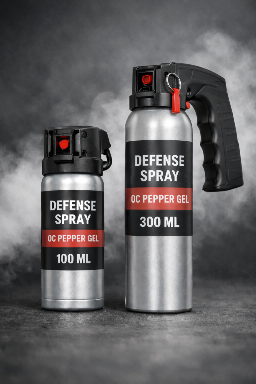 Deux aérosols de défense, un de 100 ml et un de 300 ml, avec étiquettes indiquant 'DEFENSE SPRAY' et 'OC PEPPER GEL', sur un fond gris avec de la fumée.