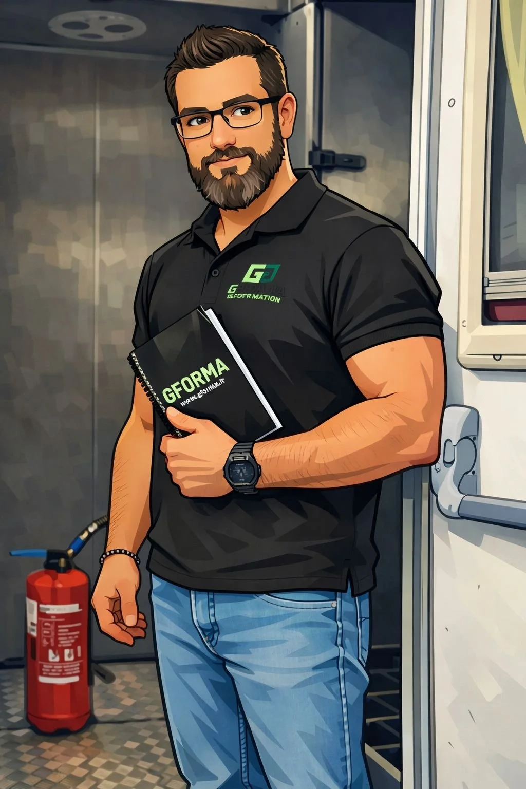 Un homme avec barbe et lunettes porte un polo noir avec le logo G INFO et tient un cahier GFORMA. Il se trouve dans un environnement intérieur avec une armoire blanche et un extincteur rouge à ses côtés.
