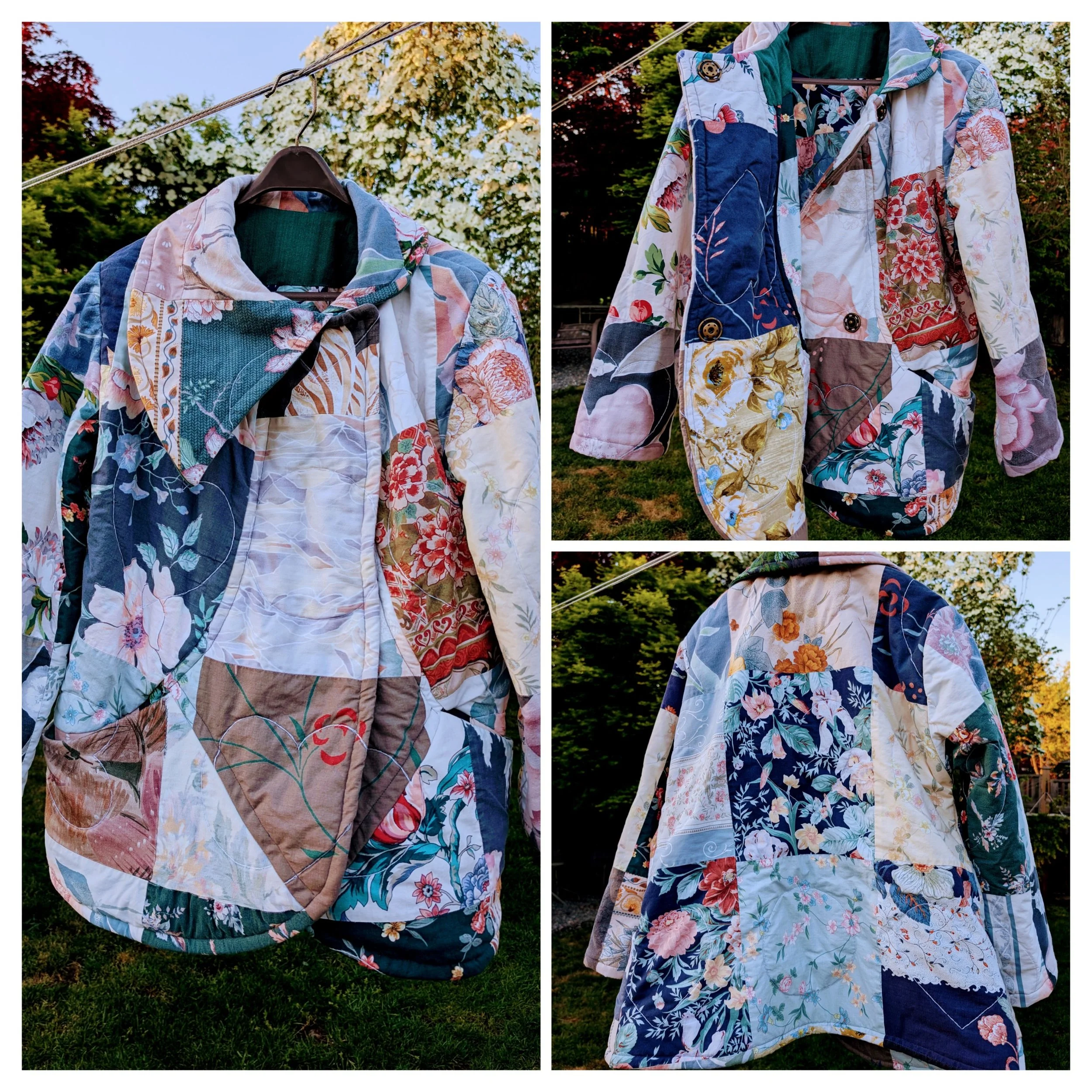 Quilt Coat; thrifted quilt and tablecloth upcycle
