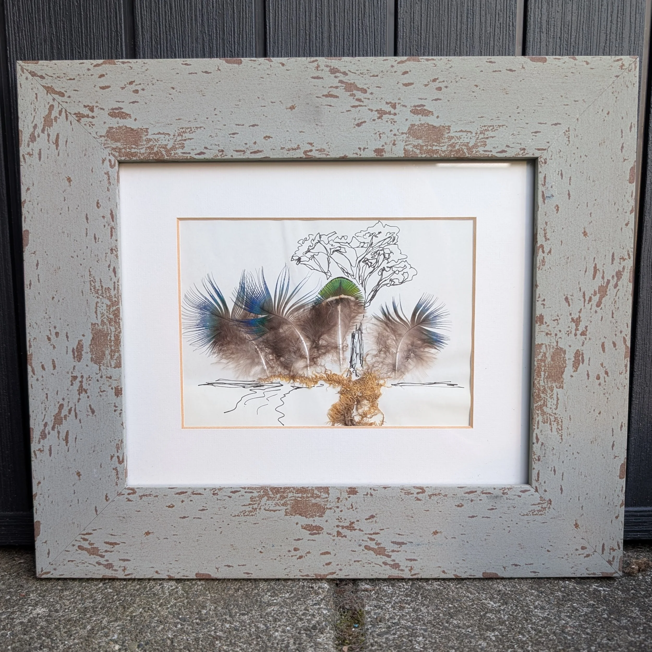 Feather Forest; pen and found moss / feathers, thrifted frame