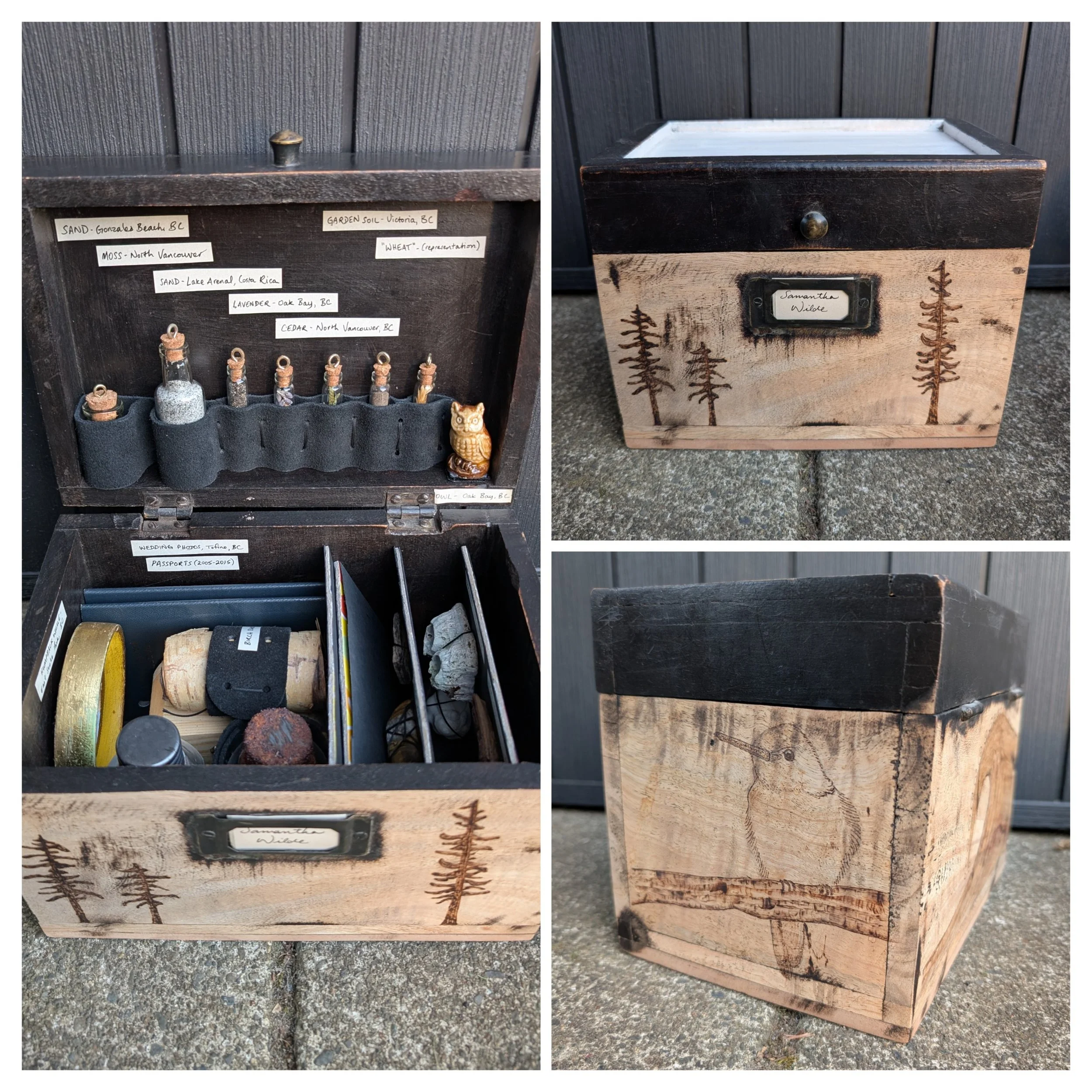 Sense of Place Map; assorted items, thrifted and wood-burned box