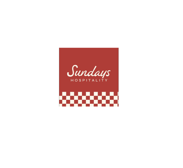 Logo for Sundays Hospitality featuring a red background with a checkerboard pattern at the bottom, and the text 'Sundays Hospitality' in white.