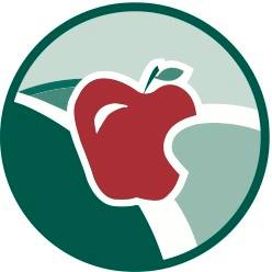 Logo of an apple with a bite taken out, set against a circular background with green and teal shades.