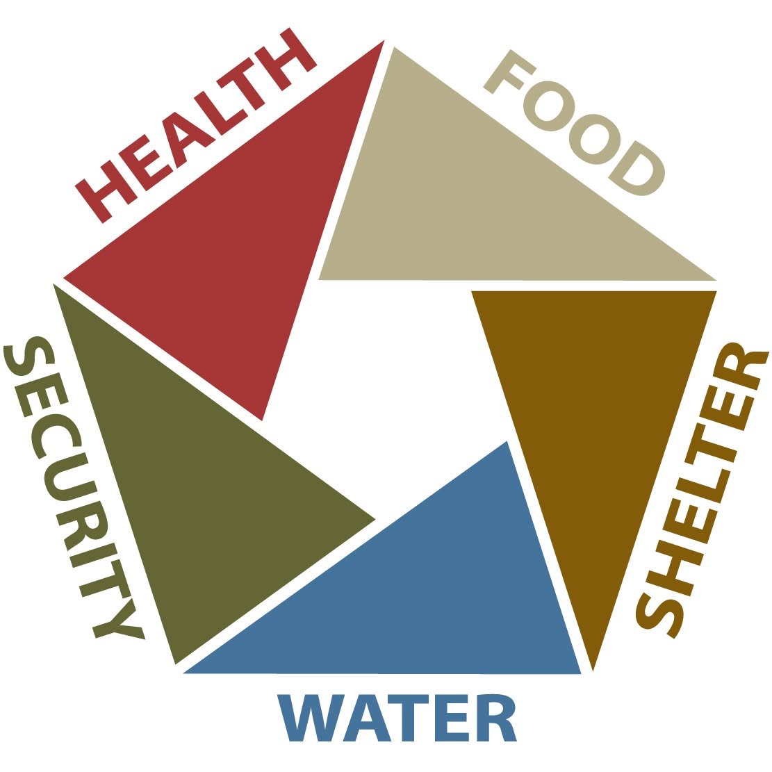 A circular diagram illustrating the five essentials for a healthy lifestyle: health, food, shelter, water, and security, each represented by a colored triangle.