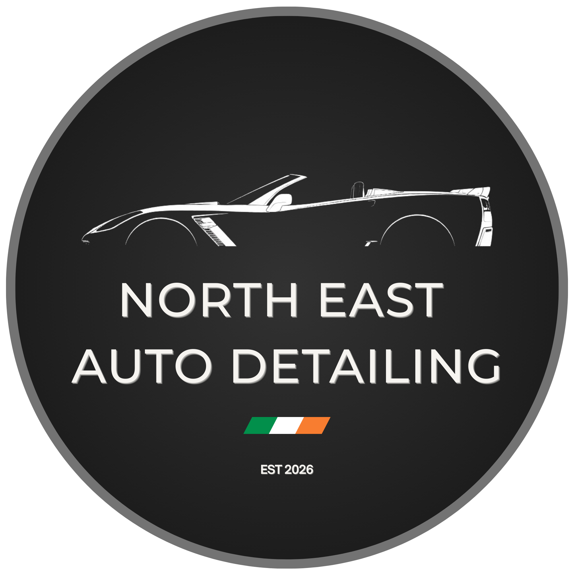 A circular logo for North East Auto Detailing features a white outline of a sports car on a black background, with the business name in gray uppercase letters and an Italian flag below. The text includes 'EST 2026'.