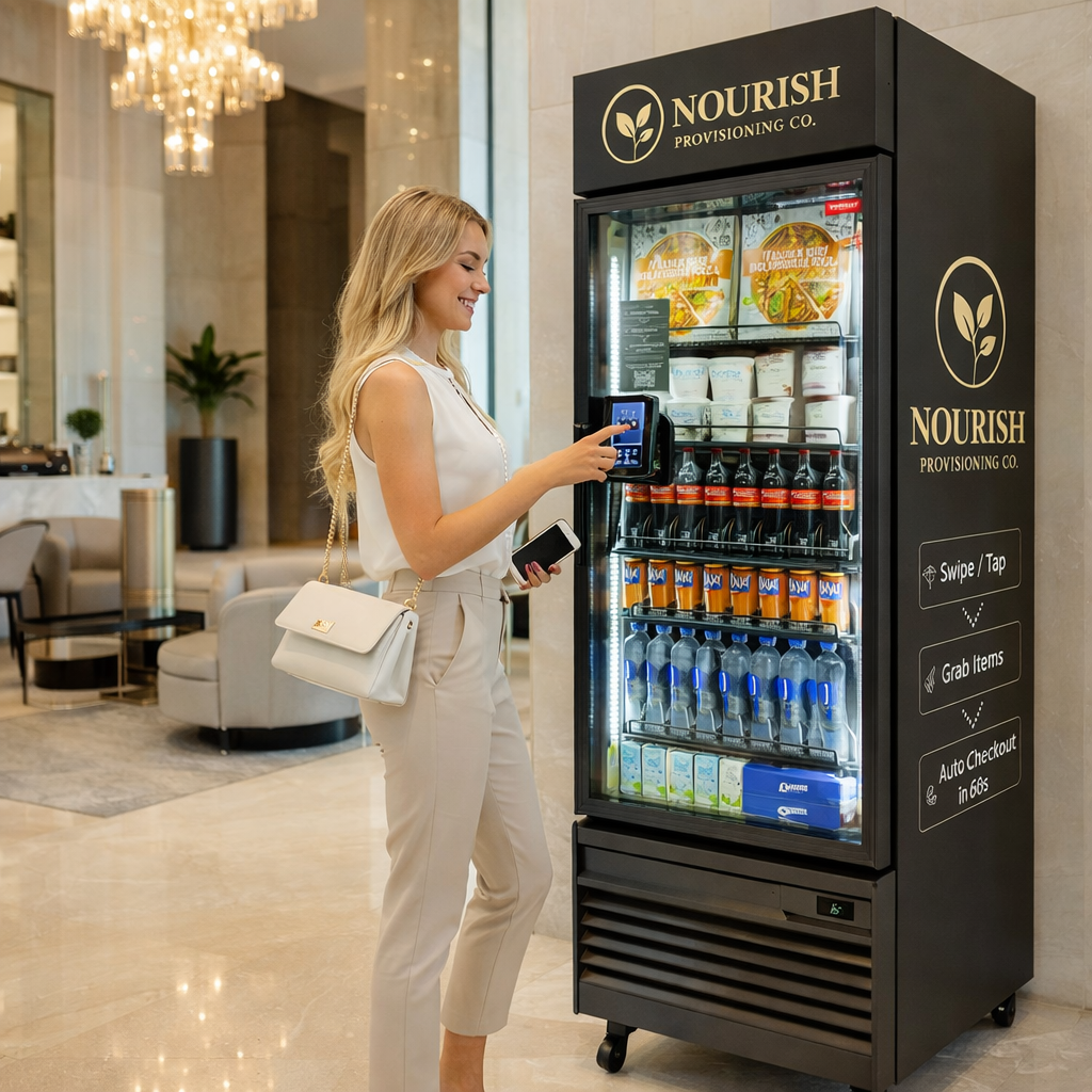 A young woman uses her phone at an AI enabled vending machine in the lobby of a building that contains fresh foods and beverages. The woman is dressed in beige pants and a white sleeveless top, with a white purse hanging from her shoulder.