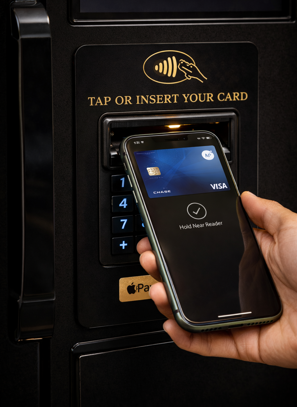 A person using a smartphone to make a contactless payment at a card reader machine. The screen displays instructions to hold near reader, and the card is a Chase Visa. The machine has a sign indicating to tap or insert your card.