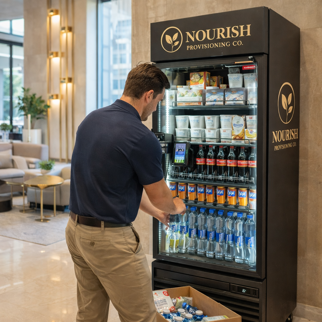 A man in a navy shirt and khaki pants stocking items for an AI enabled vending machine labeled 'NOURISH Provisioning Co.' in a modern lobby with beige walls, gold accents, and seating area.
