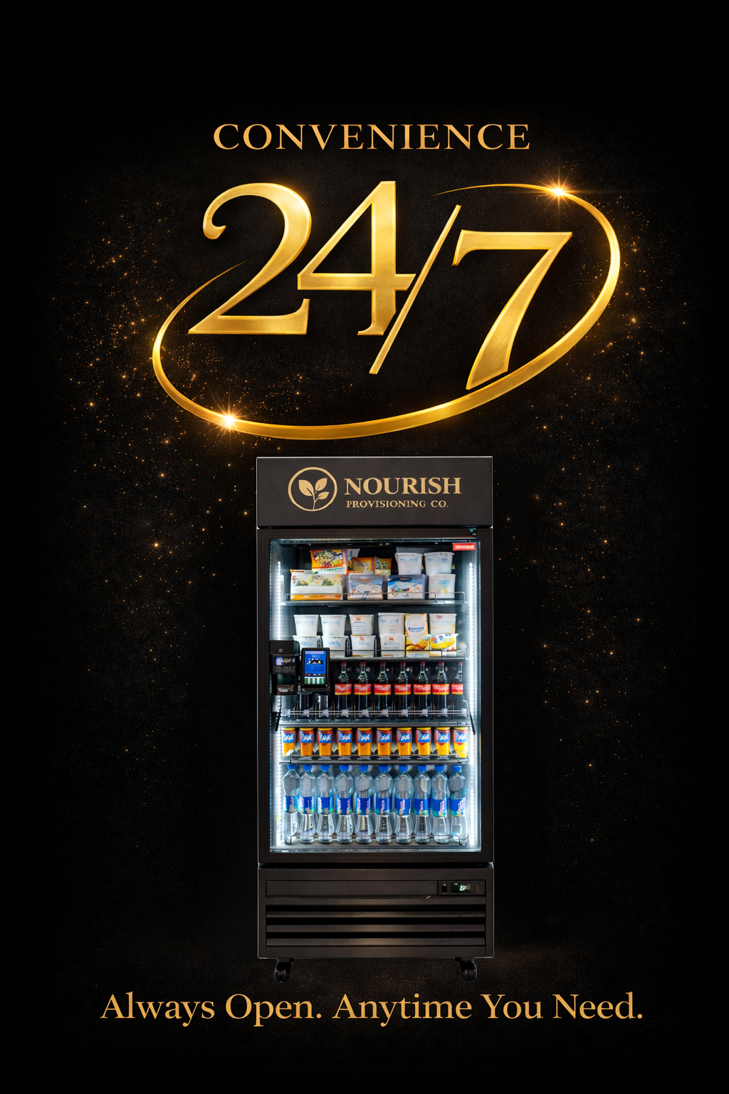 A vending machine branded 'Nourish Provisioning Co.' filled with drinks and snacks, with a large golden '24/7' sign and the text 'Always Open. Anytime You Need' on a black background.