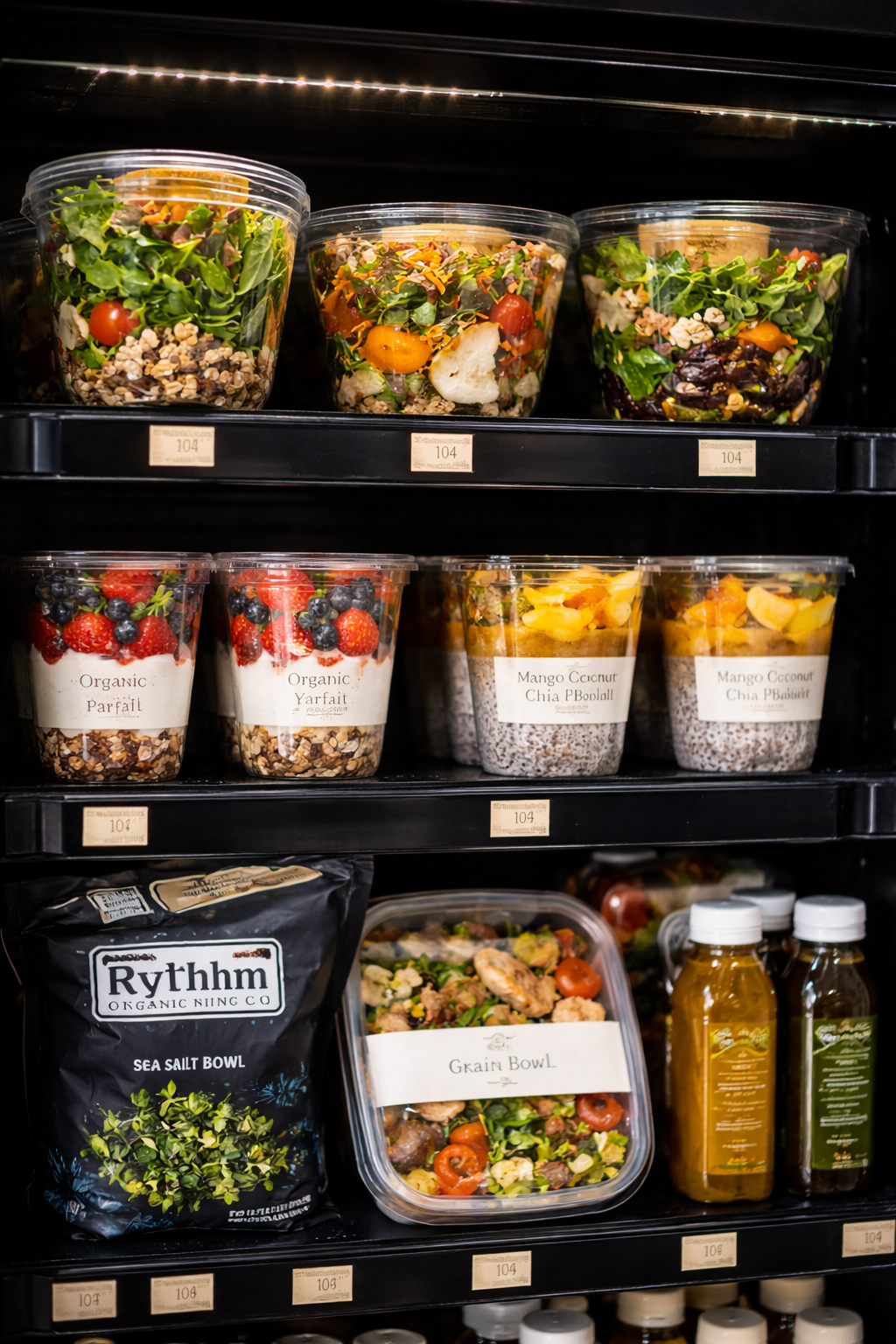 Pre-packaged salads and grain bowls on store shelves, including mixed greens, fruit parfaits, and roasted chicken salad, with bottles of dressing below.