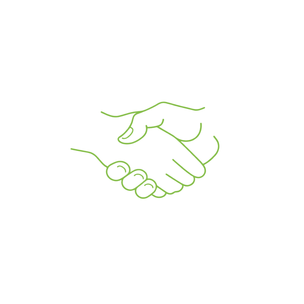 Minimalist green line drawing of a handshake on a black background.