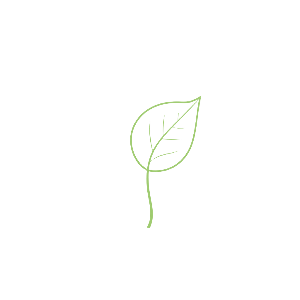 A minimalist line drawing of a green leaf with a simple stem, set against a black background.
