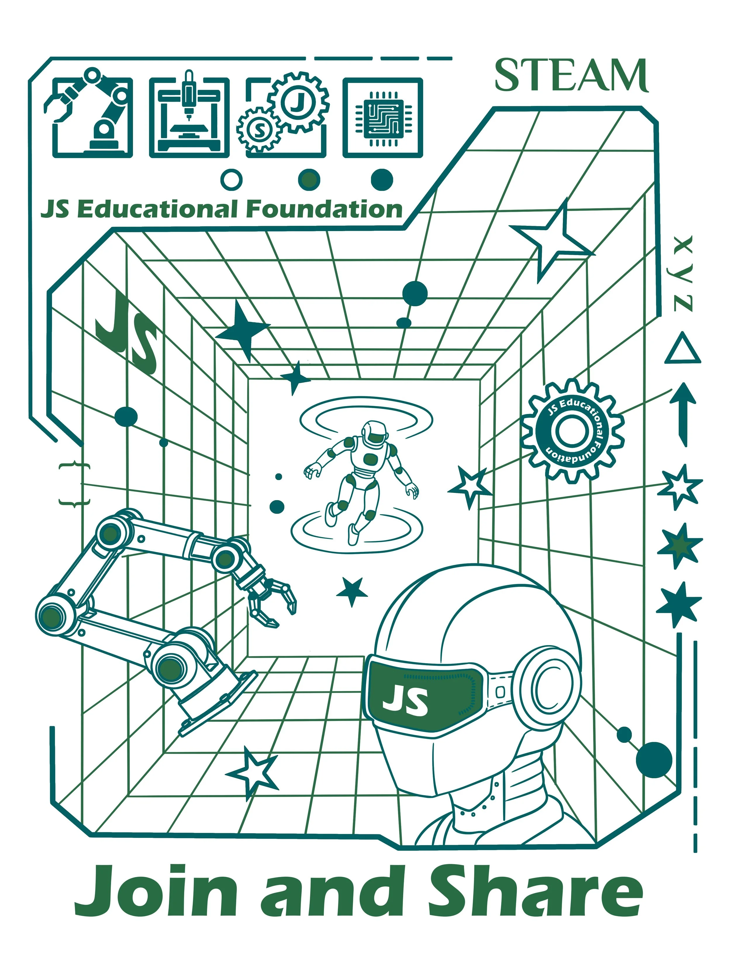 Illustration promoting STEM education with a robot arm, 3D printer, gears, microchip, astronaut, and stars, with text urging to join and share.